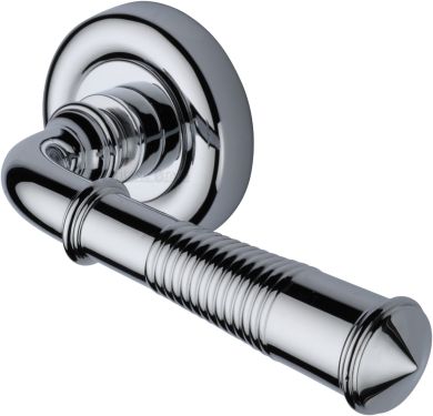 Click Here To Enlarge This Photo Of V1936-PC Heritage Brass Door Handle Lever Latch on Round Rose Colonial Reeded Design Polished Chrome finish