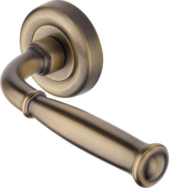 Click Here To Enlarge This Photo Of V1938-AT Heritage Brass Door Handle Lever Latch on Round Rose Lincoln Design Antique Brass finish