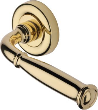 Click Here To Enlarge This Photo Of V1938-PB Heritage Brass Door Handle Lever Latch on Round Rose Lincoln Design Polished Brass finish