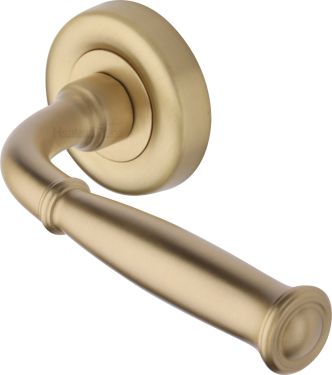 Click Here To Enlarge This Photo Of V1938-SB Heritage Brass Door Handle Lever Latch on Round Rose Lincoln Design Satin Brass finish