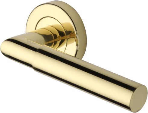 Click Here To Enlarge This Photo Of V2270-PB Heritage Brass Door Handle Lever Latch on Round Rose Bauhaus Mitre Design Polished Brass finish