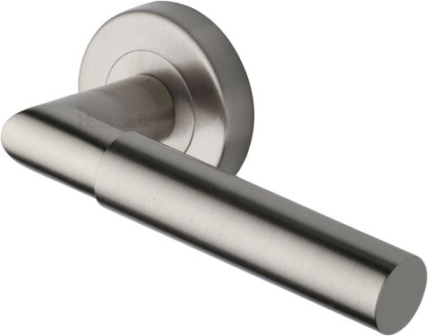 Click Here To Enlarge This Photo Of V2270-SN Heritage Brass Door Handle Lever Latch on Round Rose Bauhaus Mitre Design Satin Nickel finish