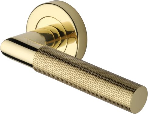 Click Here To Enlarge This Photo Of V2272-PB Heritage Brass Door Handle Lever Latch on Round Rose Bauhaus Mitre Knurled Design Polished Brass finish