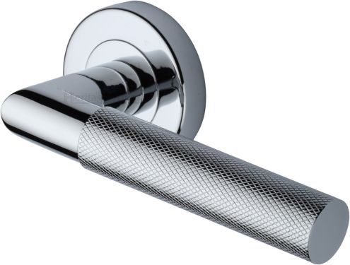 Click Here To Enlarge This Photo Of V2272-PC Heritage Brass Door Handle Lever Latch on Round Rose Bauhaus Mitre Knurled Design Polished Chrome finish