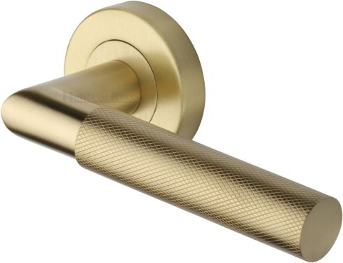 Click Here To Enlarge This Photo Of V2272-SB Heritage Brass Door Handle Lever Latch on Round Rose Bauhaus Mitre Knurled Design Satin Brass finish