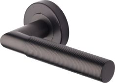 V2274-MB Heritage Brass Door Handle Lever Latch on Round Rose Bauhaus Mitre Reeded Design Matt Bronze finish