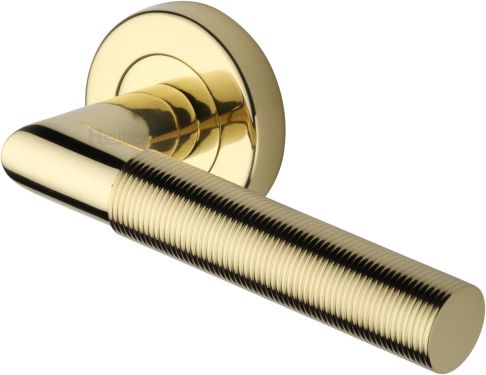 Click Here To Enlarge This Photo Of V2274-PB Heritage Brass Door Handle Lever Latch on Round Rose Bauhaus Mitre Reeded Design Polished Brass finish