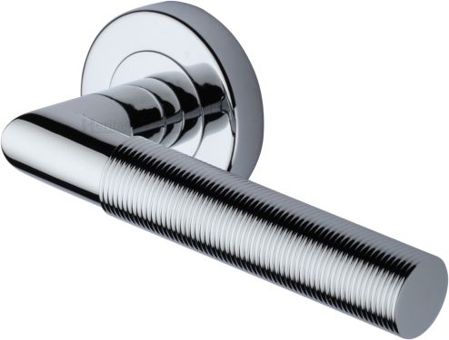 Click Here To Enlarge This Photo Of V2274-PC Heritage Brass Door Handle Lever Latch on Round Rose Bauhaus Mitre Reeded Design Polished Chrome finish