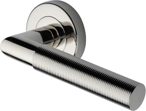 Click Here To Enlarge This Photo Of V2274-PNF Heritage Brass Door Handle Lever Latch on Round Rose Bauhaus Mitre Reeded Design Polished Nickel finish