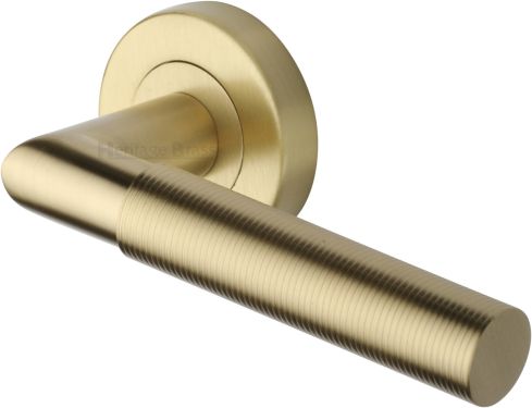 Click Here To Enlarge This Photo Of V2274-SB Heritage Brass Door Handle Lever Latch on Round Rose Bauhaus Mitre Reeded Design Satin Brass finish