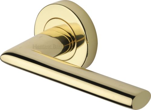 Click Here To Enlarge This Photo Of V2355-PB Heritage Brass Door Handle Lever Latch on Round Rose Admiralty Design Polished Brass finish