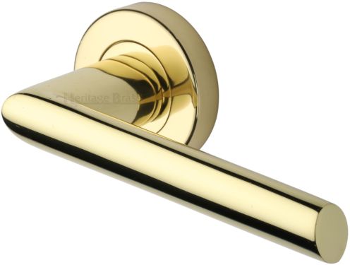 Click Here To Enlarge This Photo Of V3262-PB Heritage Brass Door Handle Lever Latch on Round Rose Mercury Design Polished Brass finish