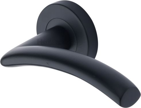 Click Here To Enlarge This Photo Of V3490-BKMT Heritage Brass Door Handle Lever Latch on Round Rose Centaur Design Matt Black finish