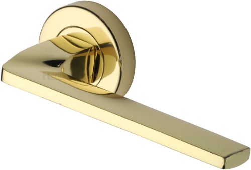 Click Here To Enlarge This Photo Of V3790-PB Heritage Brass Door Handle Lever Latch on Round Rose Metro Angled Design Polished Brass finish