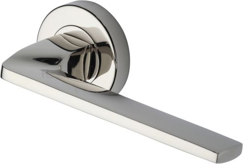 Click Here To Enlarge This Photo Of V3790-PNF Heritage Brass Door Handle Lever Latch on Round Rose Metro Angled Design Polished Nickel finish