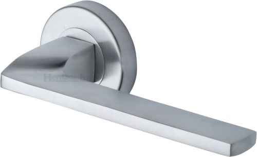 Click Here To Enlarge This Photo Of V3790-SC Heritage Brass Door Handle Lever Latch on Round Rose Metro Angled Design Satin Chrome finish