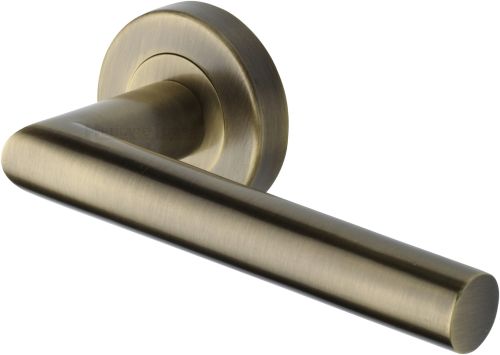 Click Here To Enlarge This Photo Of V3840-AT Heritage Brass Door Handle Lever Latch on Round Rose Athena Design Antique Brass finish