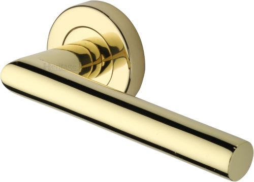 Click Here To Enlarge This Photo Of V3840-PB Heritage Brass Door Handle Lever Latch on Round Rose Athena Design Polished Brass finish