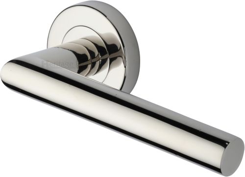 Click Here To Enlarge This Photo Of V3840-PNF Heritage Brass Door Handle Lever Latch on Round Rose Athena Design Polished Nickel finish