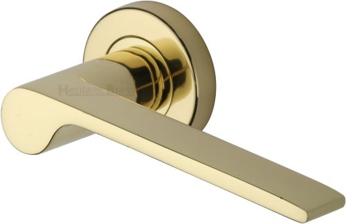 Click Here To Enlarge This Photo Of V4190-PB Heritage Brass Door Handle Lever Latch on Round Rose Julia Design Polished Brass finish