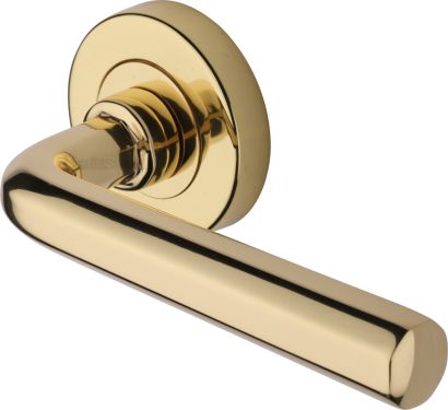 Click Here To Enlarge This Photo Of V4545-PB Heritage Brass Door Handle Lever Latch on Round Rose Octave Design Polished Brass finish