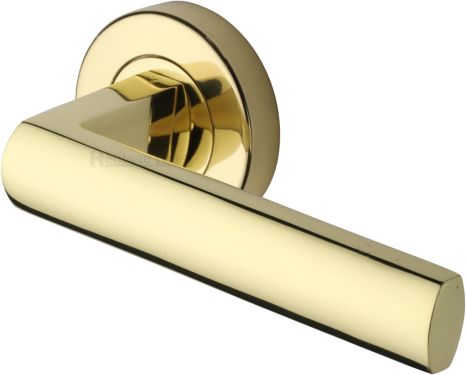 Click Here To Enlarge This Photo Of V6230-PB Heritage Brass Door Handle Lever Latch on Round Rose Poseidon Design Polished Brass finish