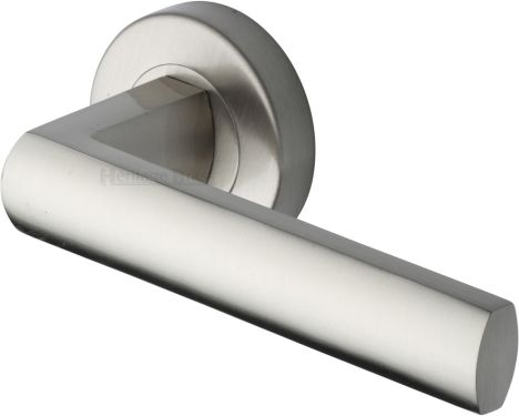 Click Here To Enlarge This Photo Of V6230-SN Heritage Brass Door Handle Lever Latch on Round Rose Poseidon Design Satin Nickel finish