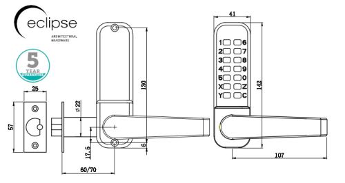 Click Here To Enlarge This Photo Of Eclipse ED40 Lever Handle Mechanical Push Button Digital Lock - Satin Chrome &lpar;70260&rpar;