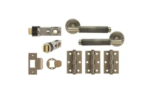 Click Here To Enlarge This Photo Of JTDP81800 Jigtech Matt Antique Brass 'Textura' Privacy Door Pack &lpar;57mm Backset and 3" Hinges&rpar;