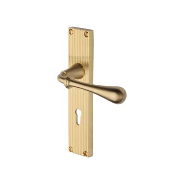 Click Here To Enlarge This Photo Of RR6000-SB Heritage Brass Roma Reeded Backplate Lever Lock Satin Brass finish