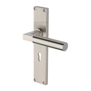 Click Here To Enlarge This Photo Of RR7300-SN Heritage Brass Bauhaus Reeded Backplate Lever Lock Satin Nickel finish