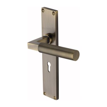 Click Here To Enlarge This Photo Of VT9300-AT Heritage Brass Bauhaus Knurled Lever Lock Door Handle on 200mm Plate Antique Brass finish