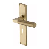 VT9300-SB Heritage Brass Bauhaus Knurled Lever Lock Door Handle on 200mm Plate Satin Brass finish