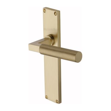 Click Here To Enlarge This Photo Of VT9310-SB Heritage Brass Bauhaus Knurled Lever Latch Door Handle on 200mm Plate Satin Brass finish