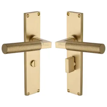 Click Here To Enlarge This Photo Of VT9330-SB Heritage Brass Bauhaus Knurled Bathroom Set Door Handle on 200mm Plate Satin Brass finish