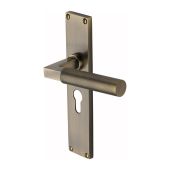 VT9348-AT Heritage Brass Bauhaus Knurled Euro Profile Door Handle on 200mm Plate Antique Brass finish
