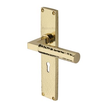 Click Here To Enlarge This Photo Of VTH4300-PB Heritage Brass Bauhaus Hammered Lever Lock Door Handle on 200mm Plate Polished Brass finish