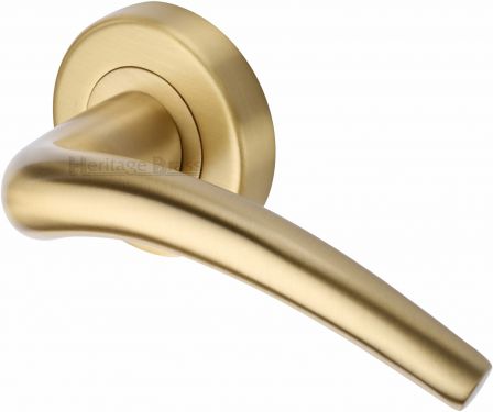 Click Here To Enlarge This Photo Of V1121-SB Heritage Brass Door Handle Lever Latch on Round Rose Wing Design Satin Brass Finish