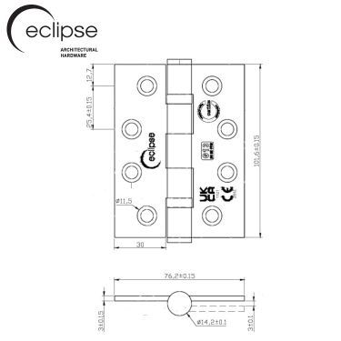 Click Here To Enlarge This Photo Of Eclipse 14854SBP Grade 13 Satin Brass &lpar;Stainless Steel&rpar; Ball Bearing Hinges 102 x 76 x 3mm