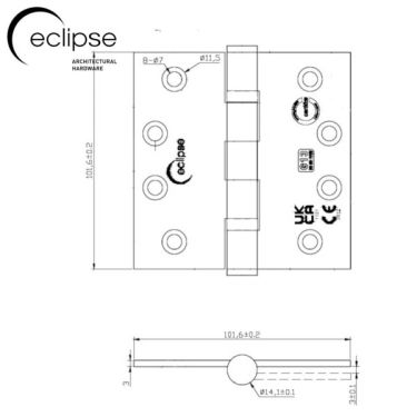 Click Here To Enlarge This Photo Of Eclipse 14841 Grade 13 Satin Stainless Steel Ball Bearing Hinges 102 x 102 x 3mm
