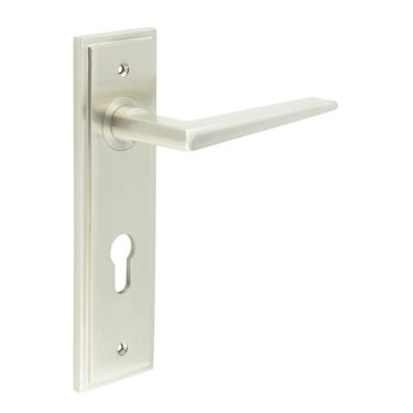 Click Here To Enlarge This Photo Of BUR10KIT324 Frelan Hardware Burlington Mayfair Door Handles on 72mm Din Euro Backplate Satin Nickel