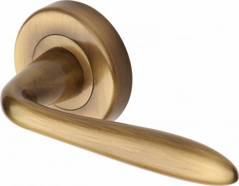 Click Here To Enlarge This Photo Of V1750-AT Heritage Brass Door Handle Lever Latch on Round Rose Sutton Design Antique Brass Finish
