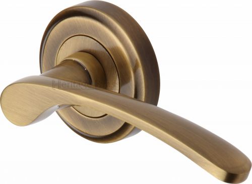 Click Here To Enlarge This Photo Of V1900-AT Heritage Brass Door Handle Lever Latch on Round Rose Sophia Design Antique Brass Finish