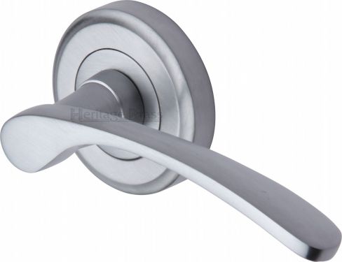 Click Here To Enlarge This Photo Of V1900-SC Heritage Brass Door Handle Lever Latch on Round Rose Sophia Design Satin Chrome Finish
