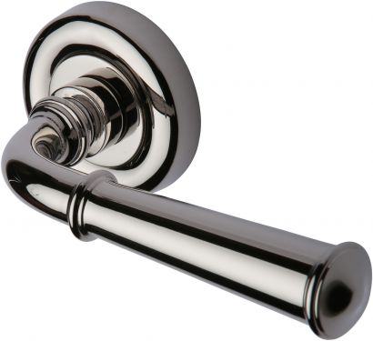 Click Here To Enlarge This Photo Of V1932-PNF Heritage Brass Door Handle Lever Latch on Round Rose Colonial Design Polished Nickel Finish
