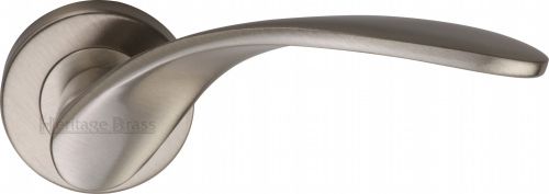 Click Here To Enlarge This Photo Of V1950-SN Heritage Brass Door Handle Lever Latch on Round Rose Volo Design Satin Nickel Finish
