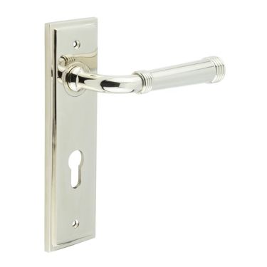 Click Here To Enlarge This Photo Of BUR35KIT168 Frelan Hardware Burlington Highgate Door Handles on 72mm Din Euro Backplate Polished Nickel