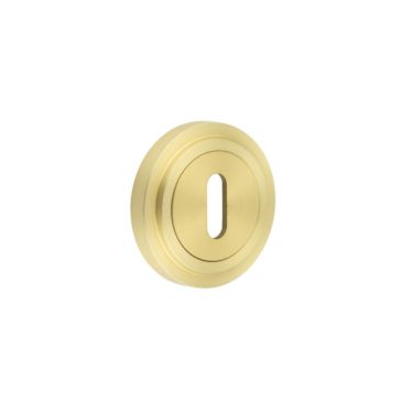 Click Here To Enlarge This Photo Of BUR-60SB-73SB Frelan Hardware Burlington Standard Keyway Escutcheon on Stepped Rose Satin Brass