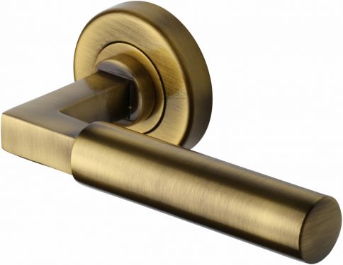 Click Here To Enlarge This Photo Of V2259-AT Heritage Brass Door Handle Lever on Rose Bauhaus Design Antique Brass Finish