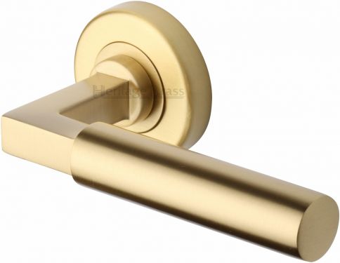 Click Here To Enlarge This Photo Of V2259-SB Heritage Brass Door Handle Lever on Rose Bauhaus Design Satin Brass Finish